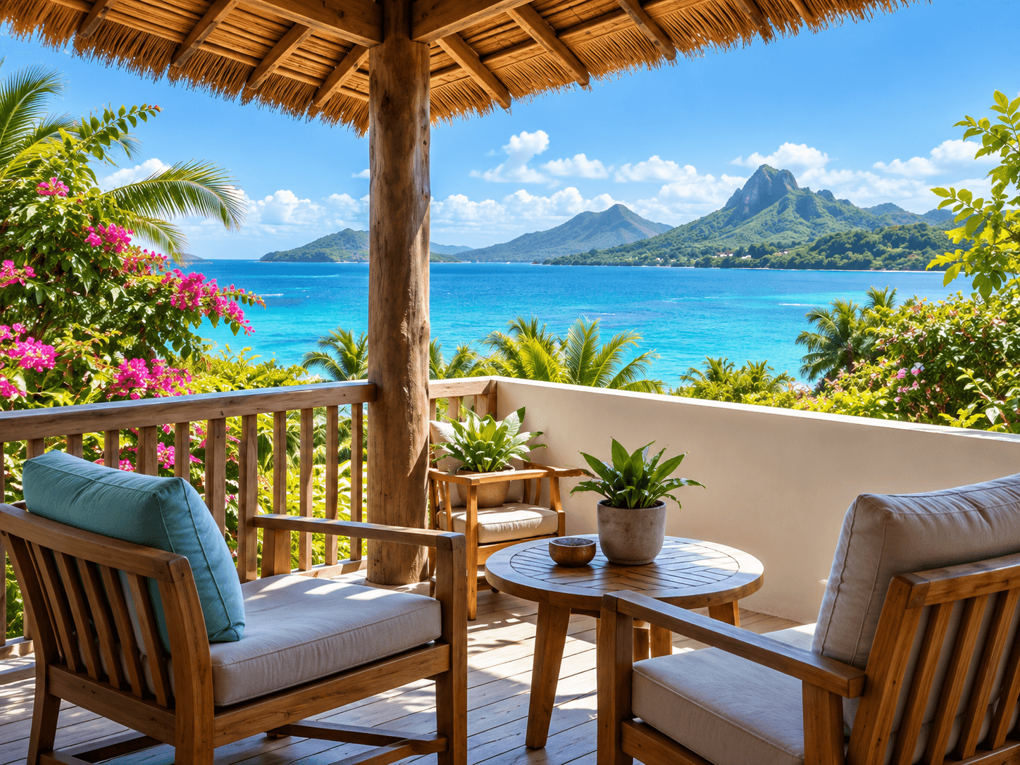 Covered terrace with wooden chairs overlooking a turquoise lagoon and mountains