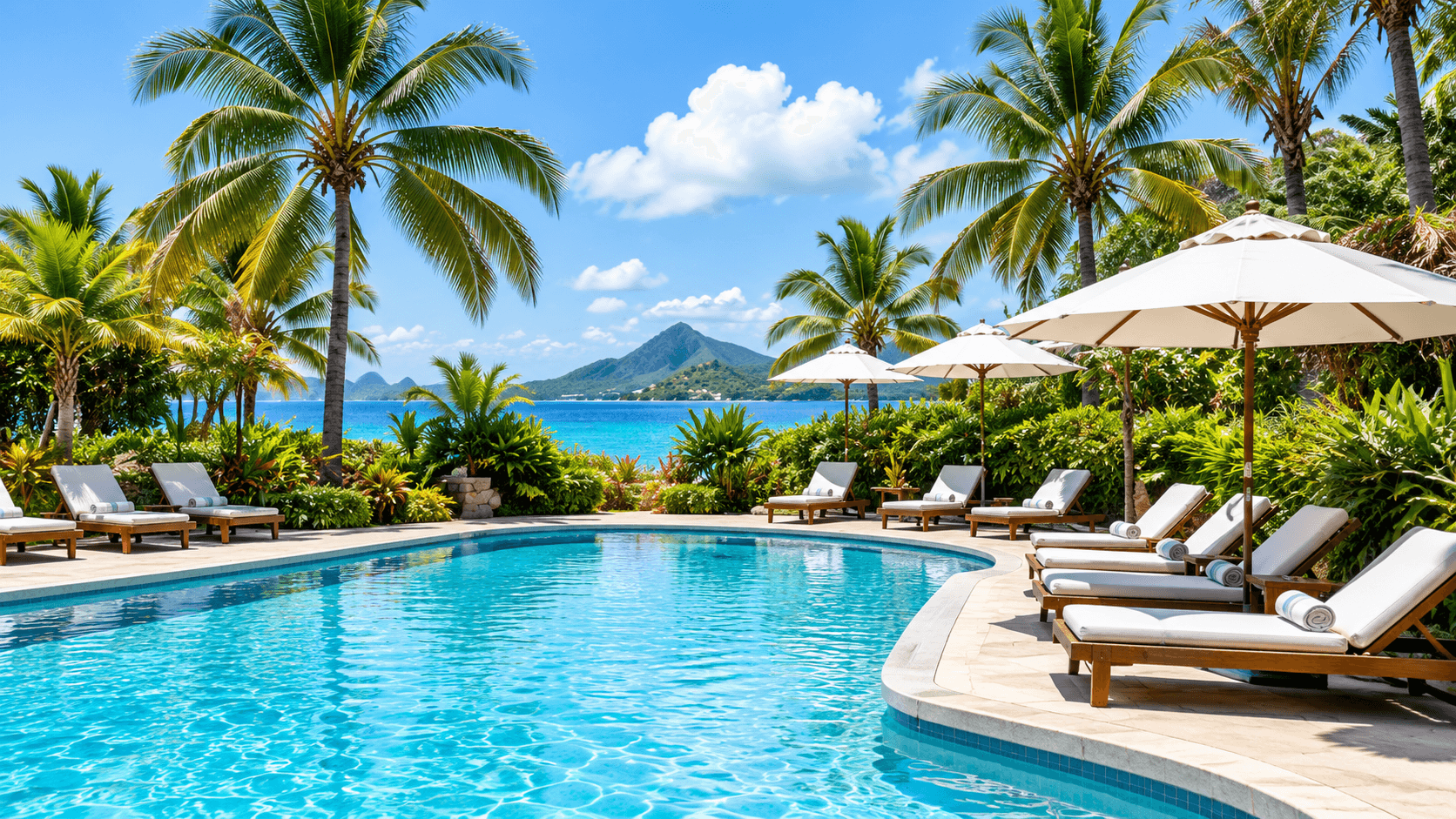 Hotel swimming pool lined with sun loungers, umbrellas and palm trees