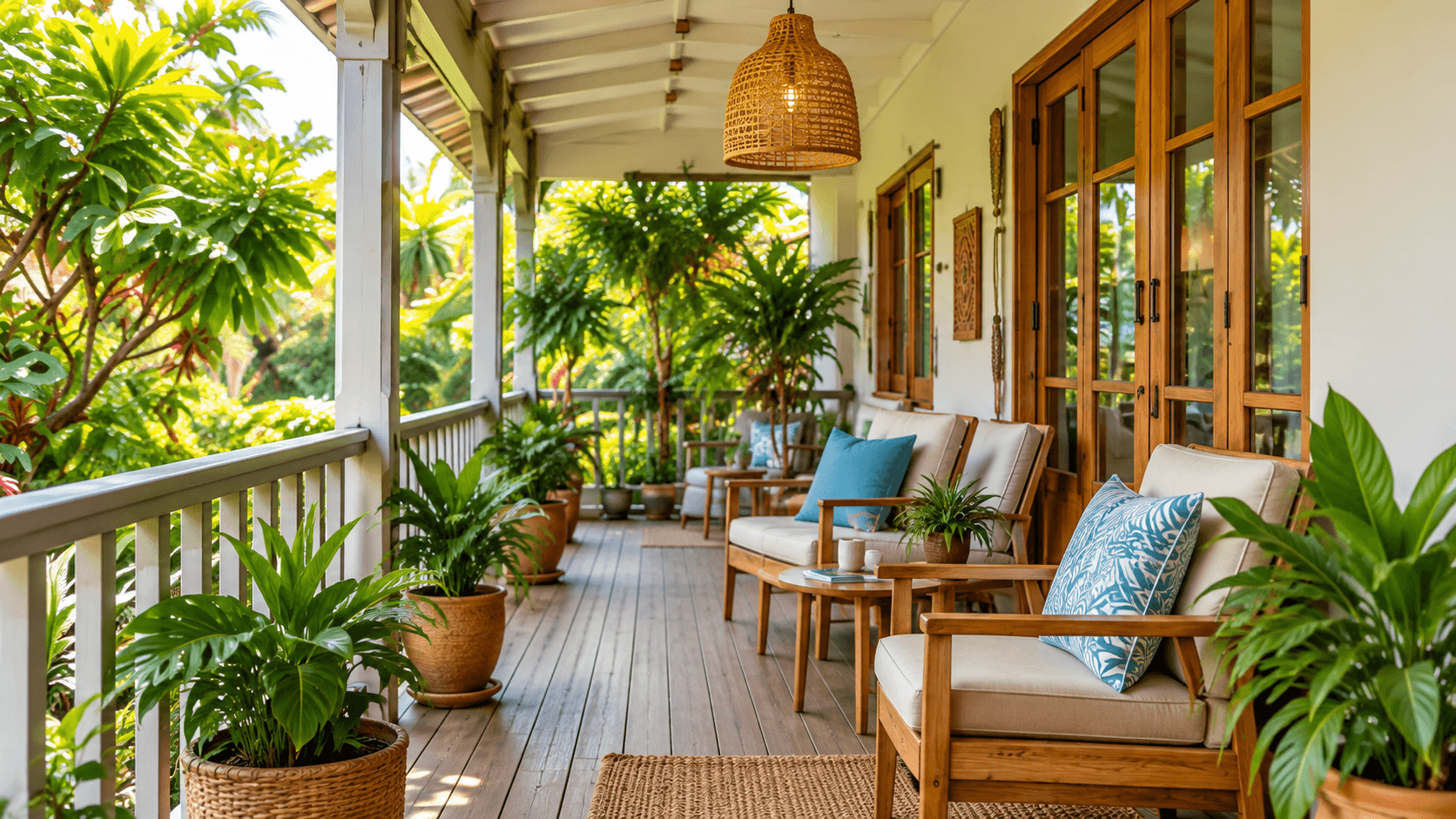 Wooden veranda with cushioned chairs and potted plants