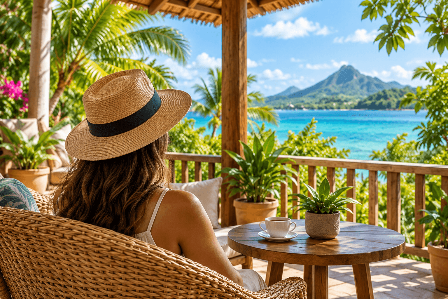 Traveller in a straw hat relaxing on a terrace with a sea view
