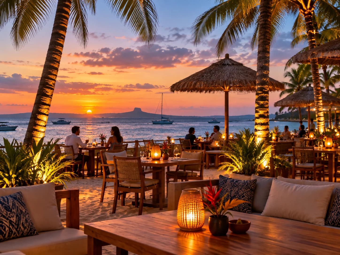 Open-air beach lounge with lanterns and parasols at sunset