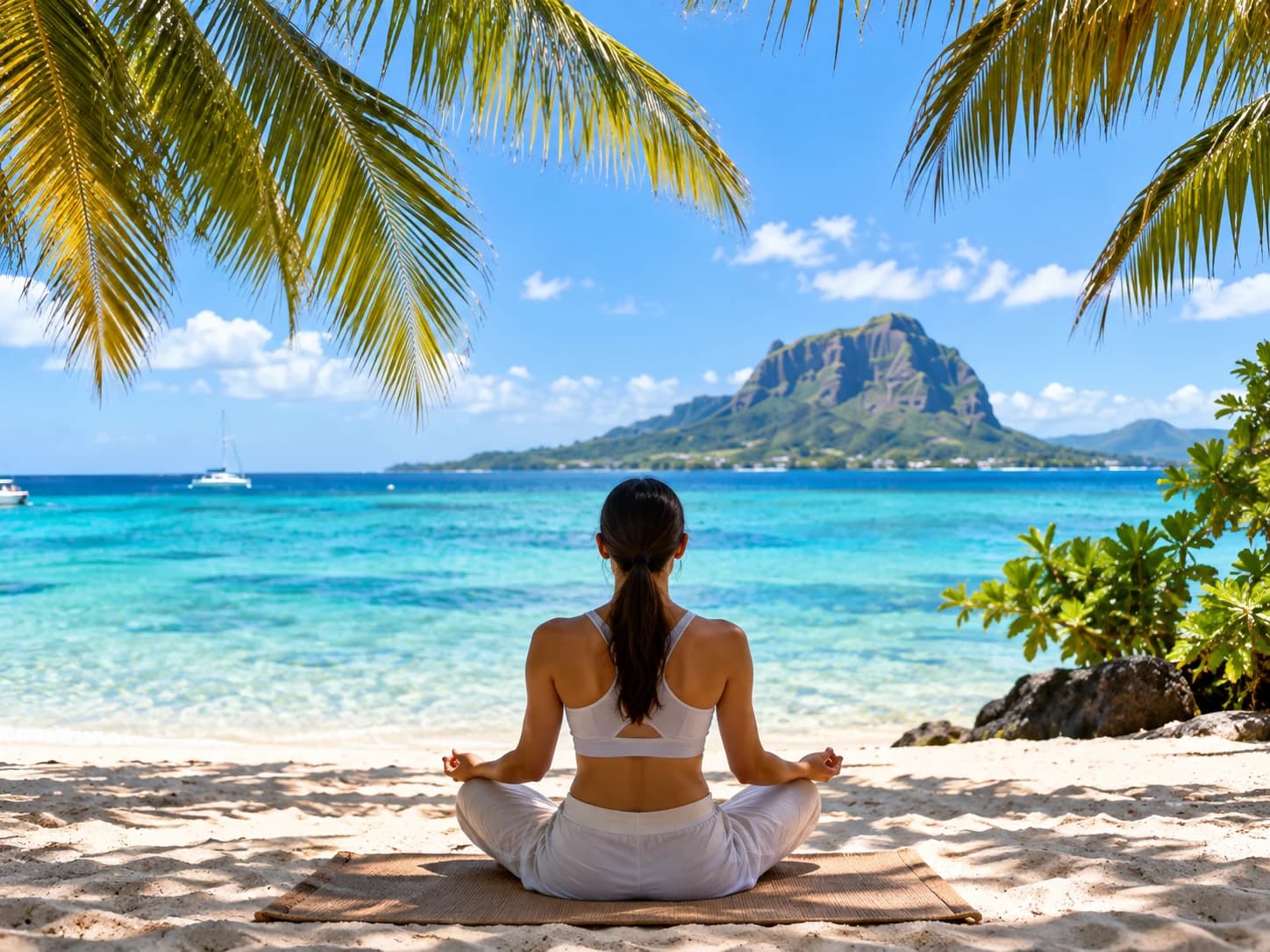 Person sitting cross-legged on a yoga mat facing a turquoise lagoon