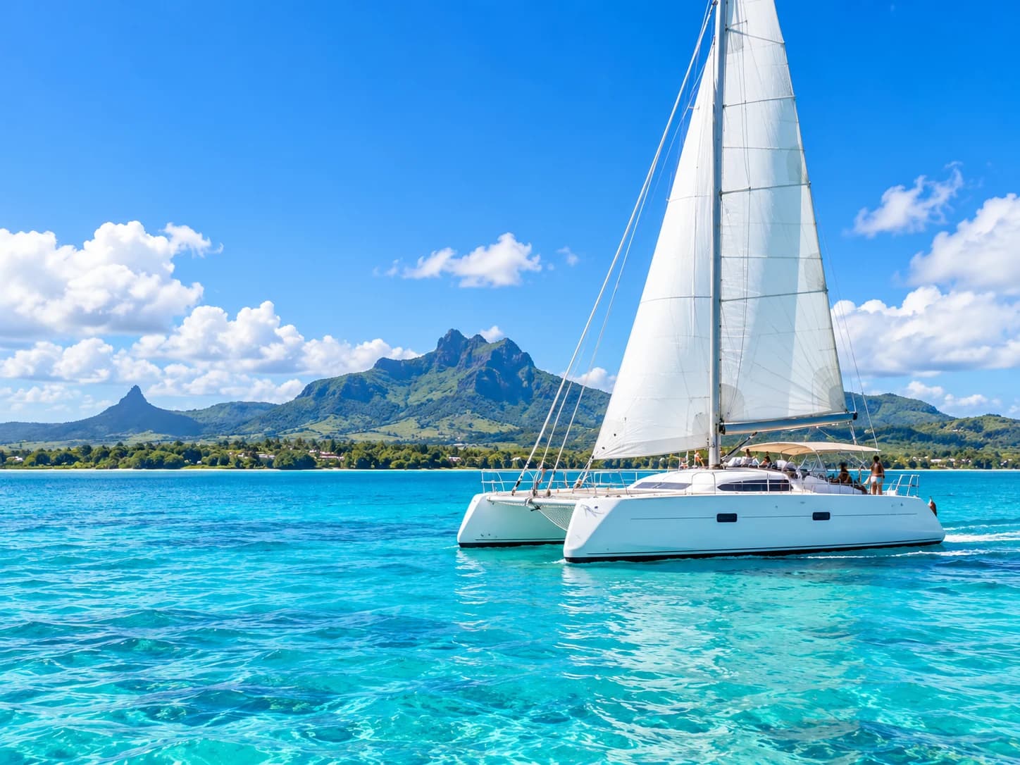 White sailing catamaran on a clear turquoise lagoon