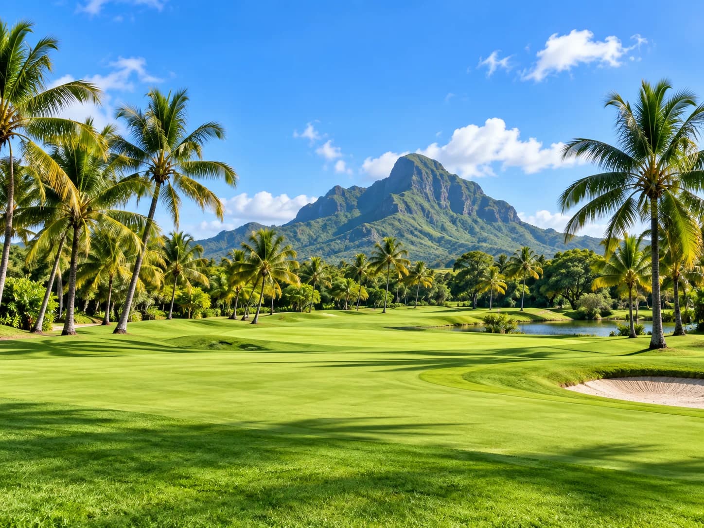 Green golf course lined with palm trees, with a mountain in the distance