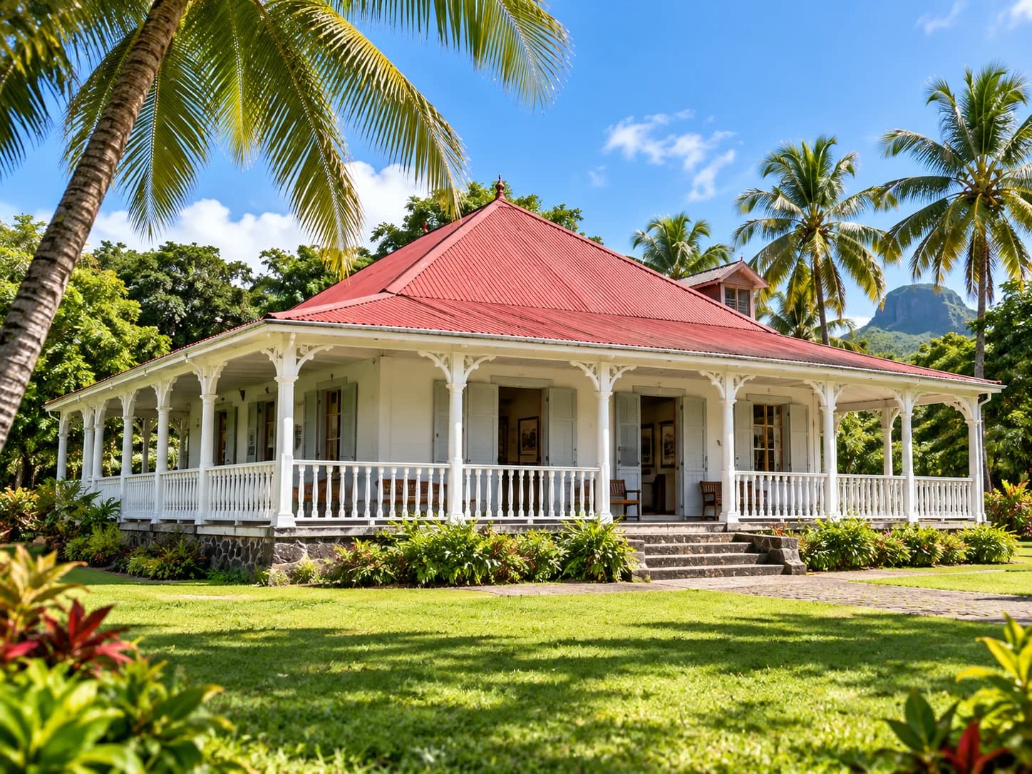 White colonial-style house with a red roof and veranda, surrounded by lawn and palm trees