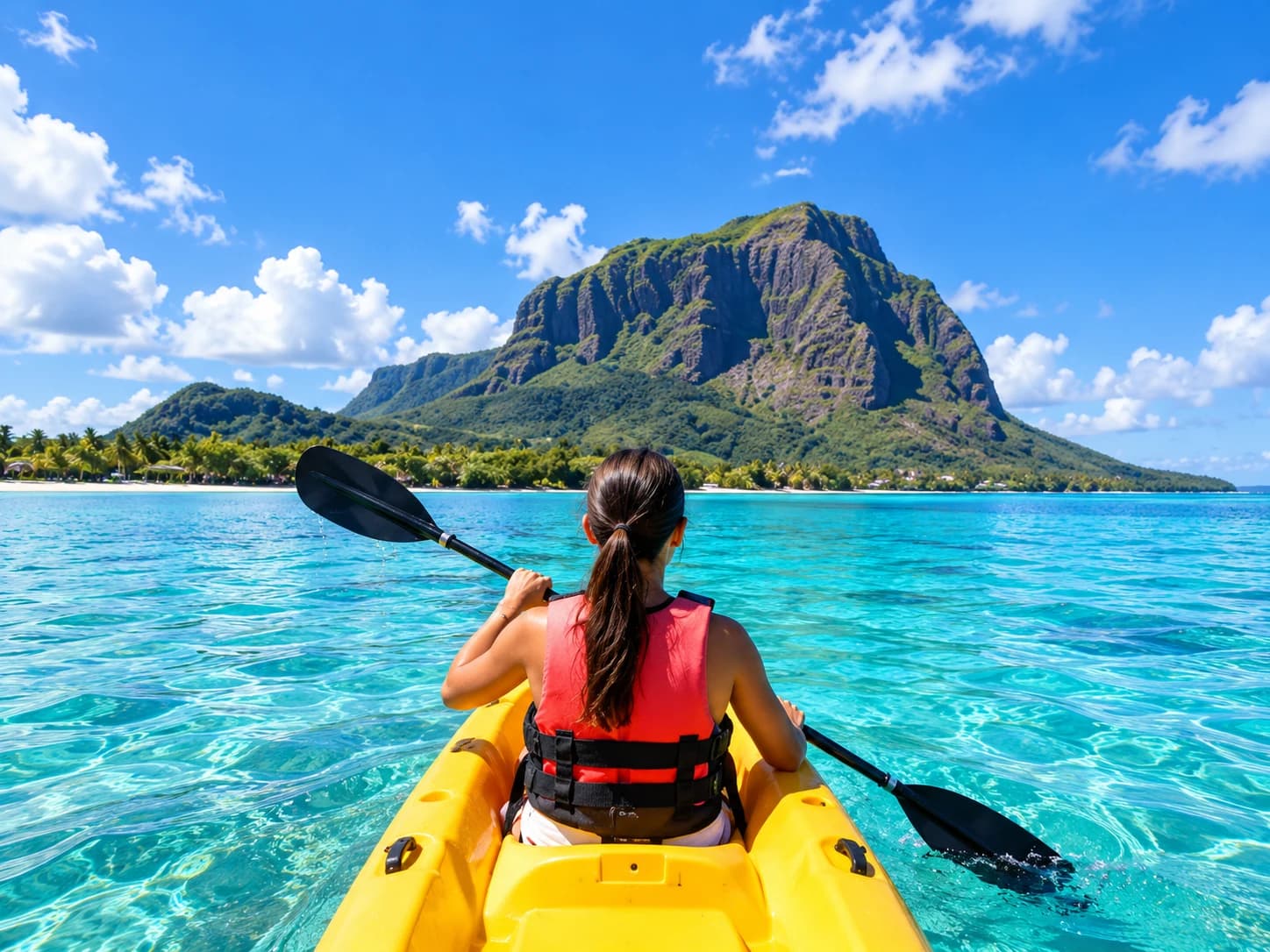 Kayaker wearing a buoyancy vest paddling on a turquoise lagoon below a mountain