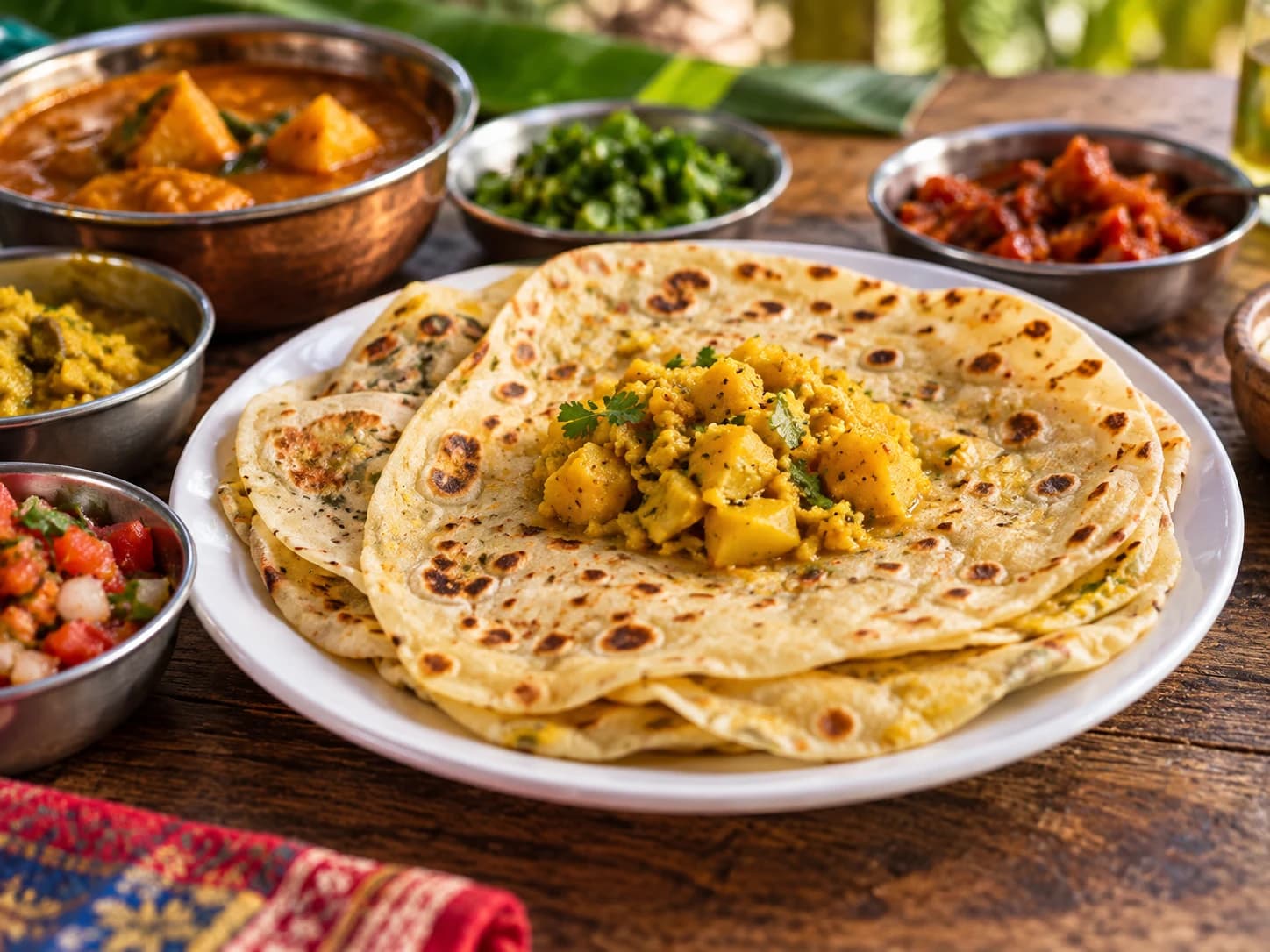 Flatbread served with bowls of curry, chutney and pickles on a wooden table