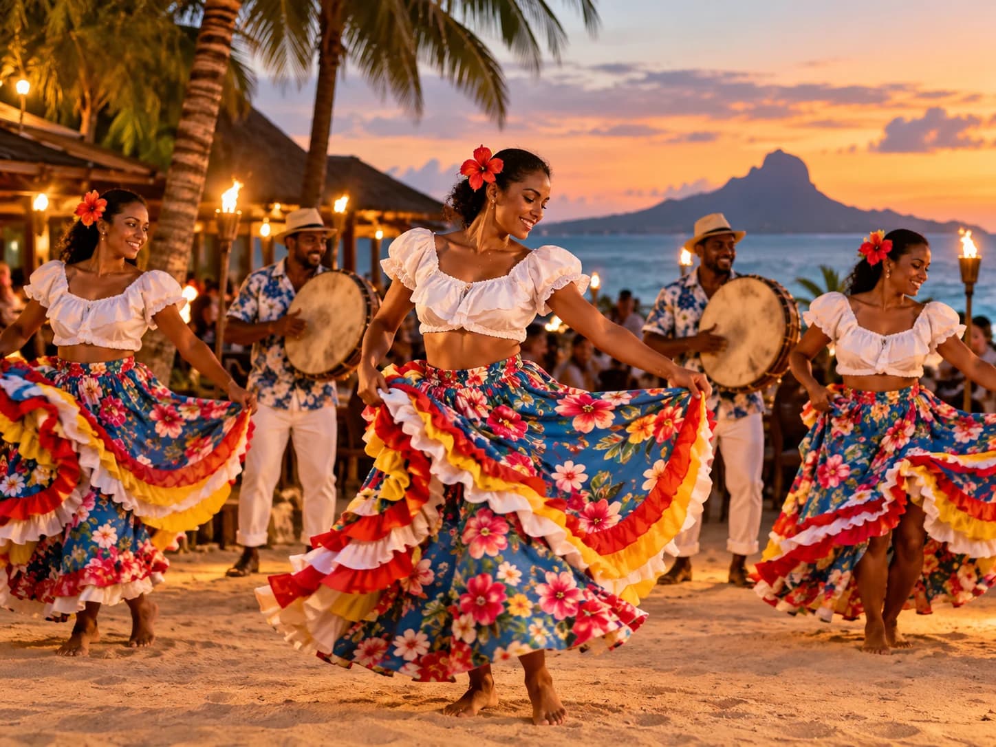 Séga dancers in colourful skirts performing with drummers in the evening