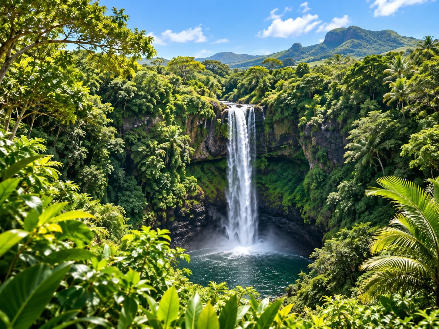 Tall waterfall dropping through lush green forest