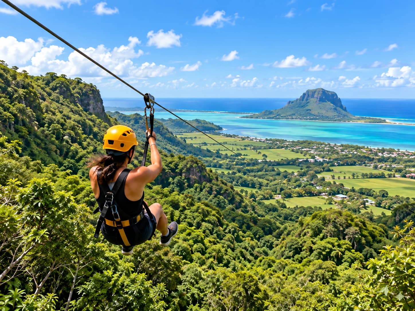 Person in a helmet and harness on a zipline above a green valley