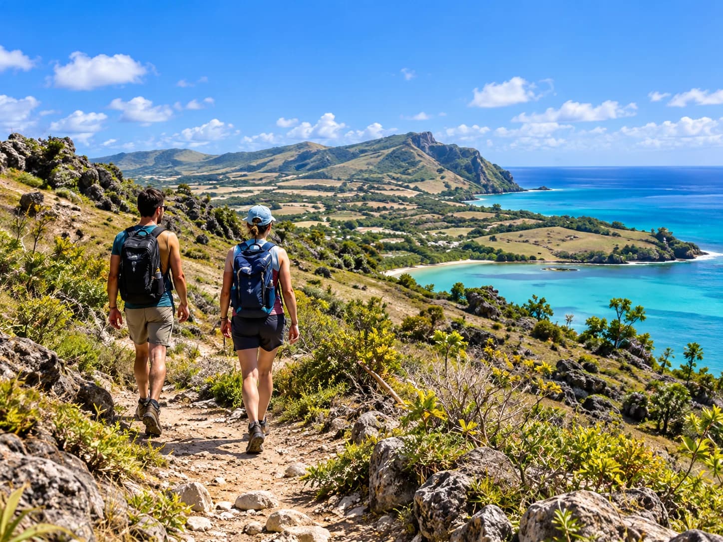 Two hikers with daypacks on a coastal path above a turquoise lagoon