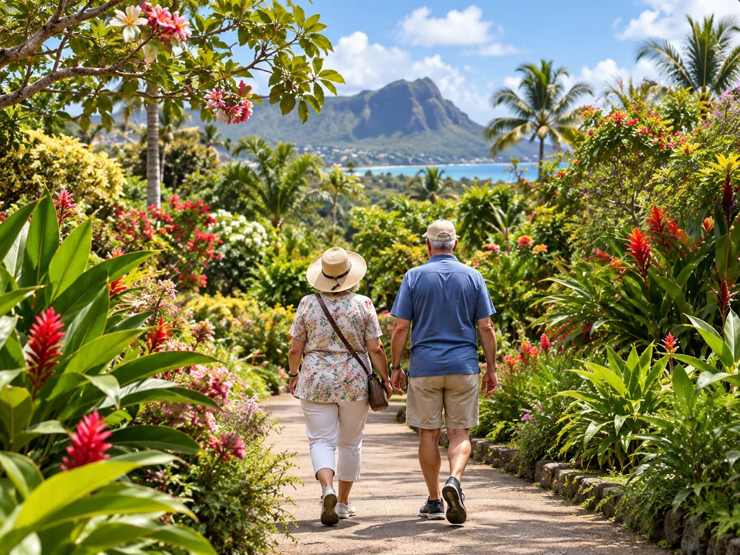Older couple in sun hats walking along a garden path lined with flowers