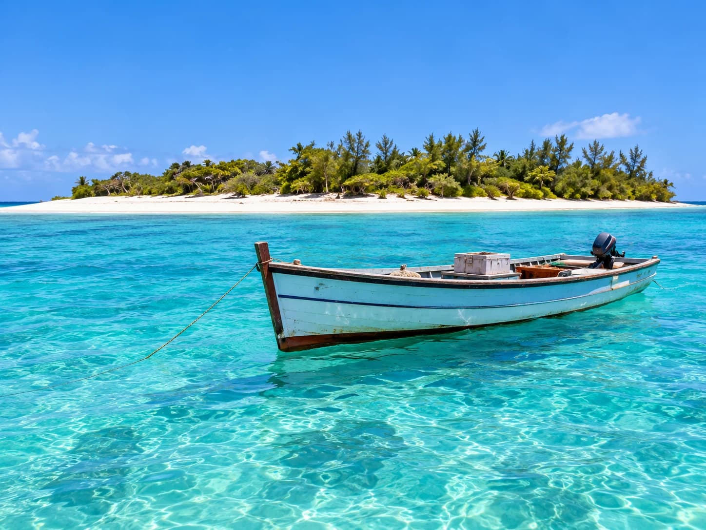 Small wooden boat on a turquoise lagoon beside a low sandy islet