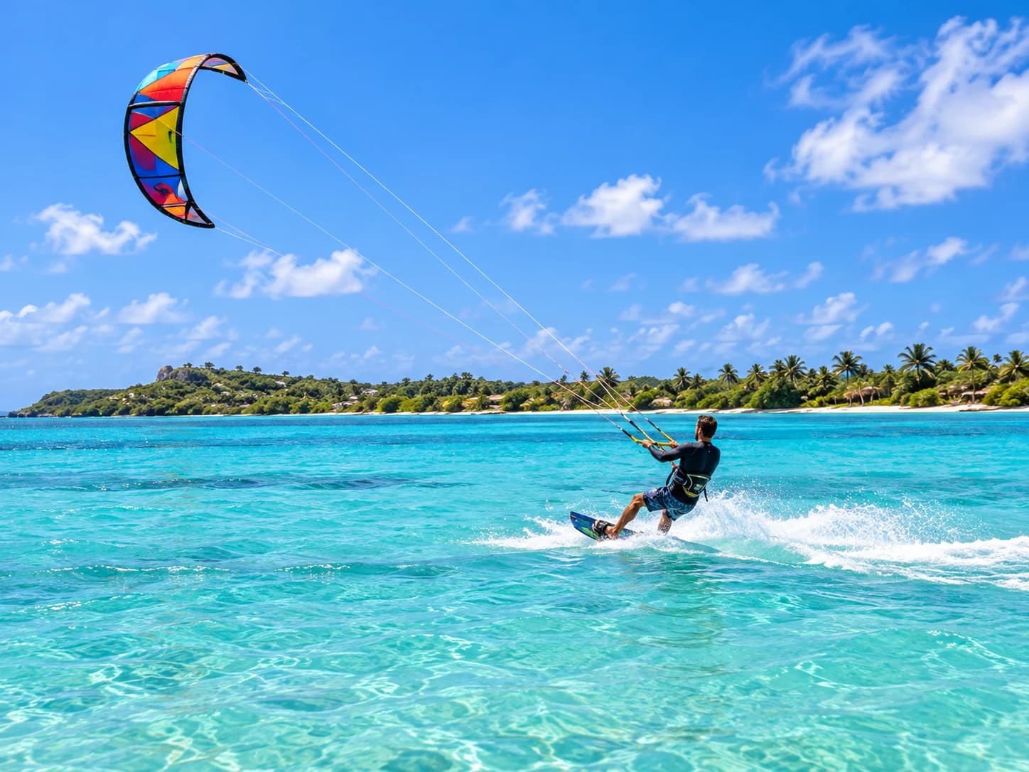 Kitesurfer gliding across a wide turquoise lagoon under a colourful kite