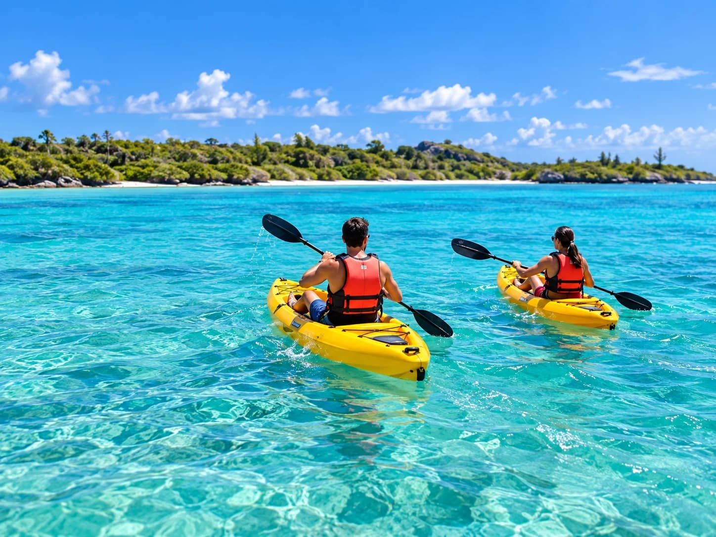 Two people in buoyancy vests paddling yellow kayaks on a turquoise lagoon