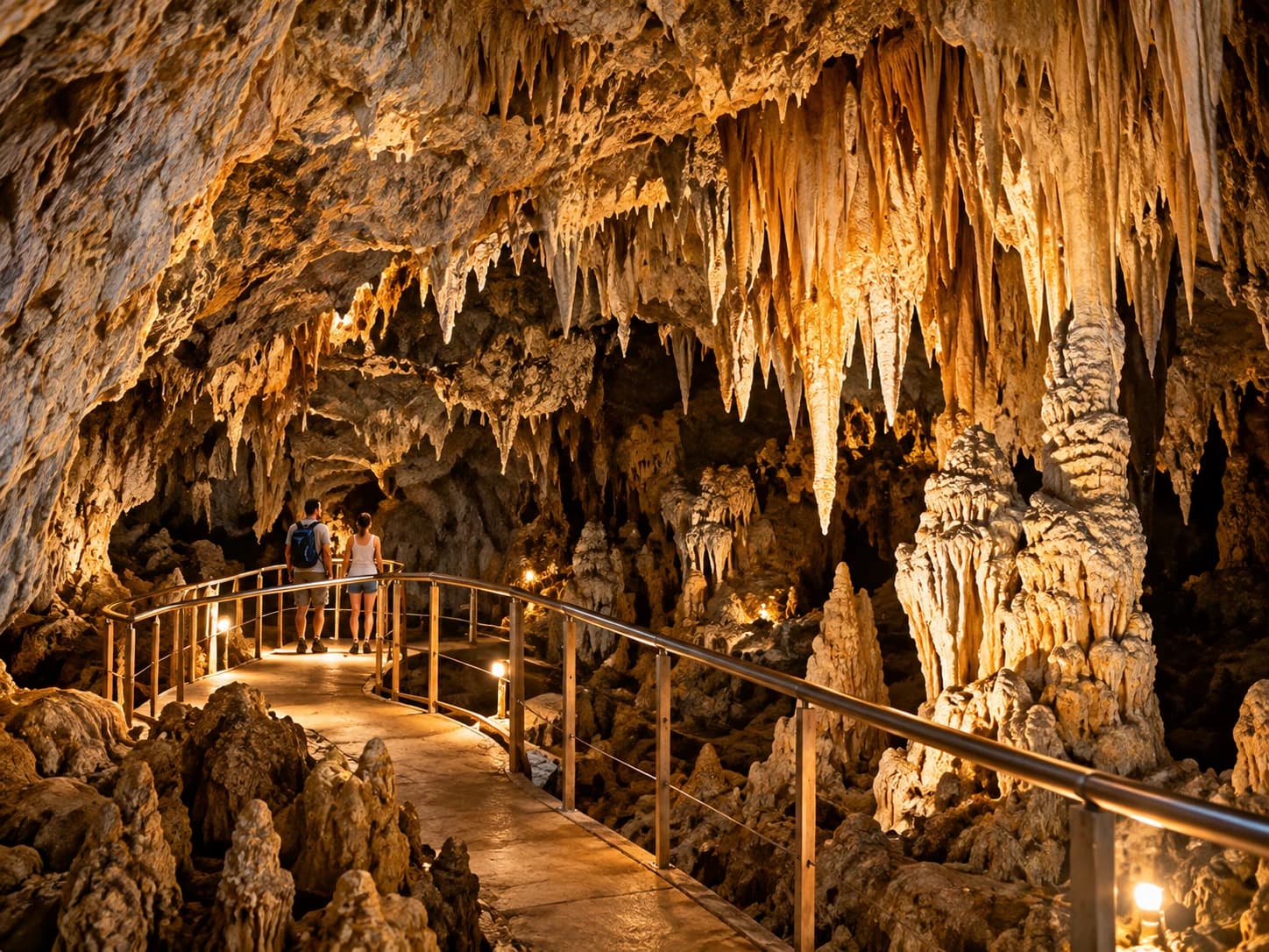 Lit limestone cave with stalactites and a walkway with a handrail