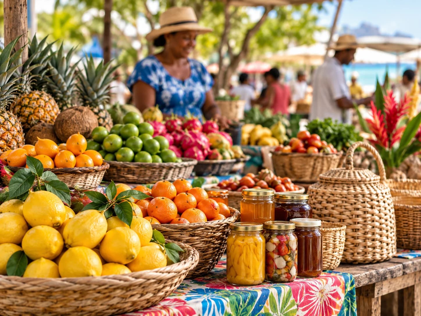 Market table with tropical fruit, lemons, jars and woven baskets