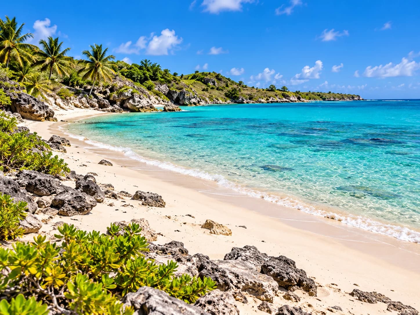 Quiet white-sand beach with low rocks and clear turquoise water