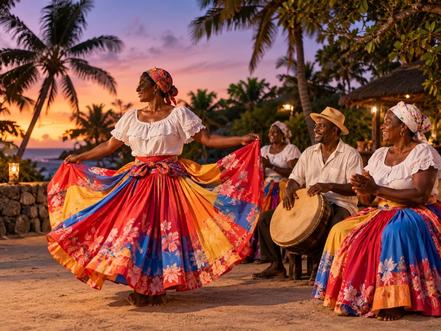 Dancers in colourful skirts performing séga with a drummer in the evening