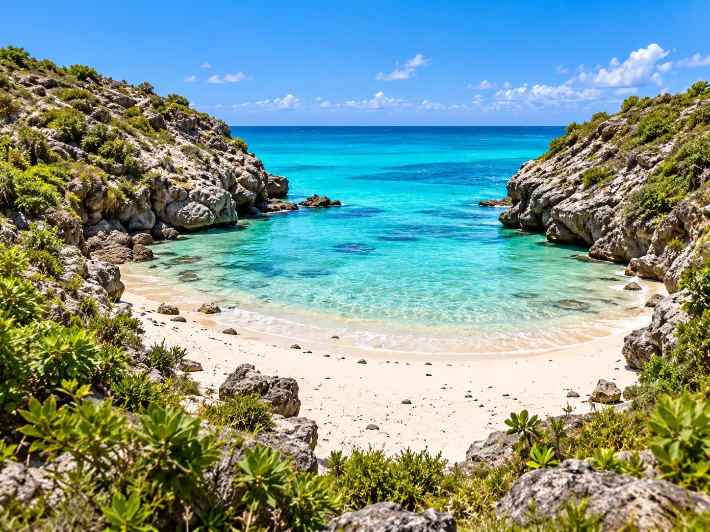 Small white-sand cove between low rocky cliffs, opening onto turquoise water