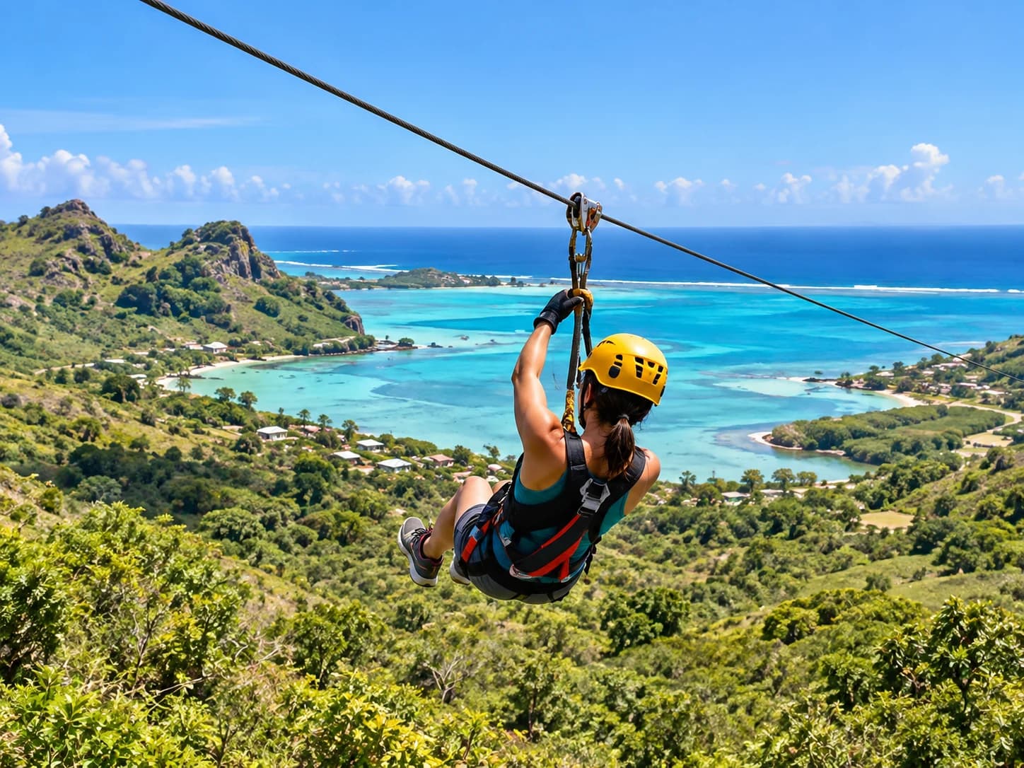 Person in a helmet and harness on a zipline above low green hills and a lagoon