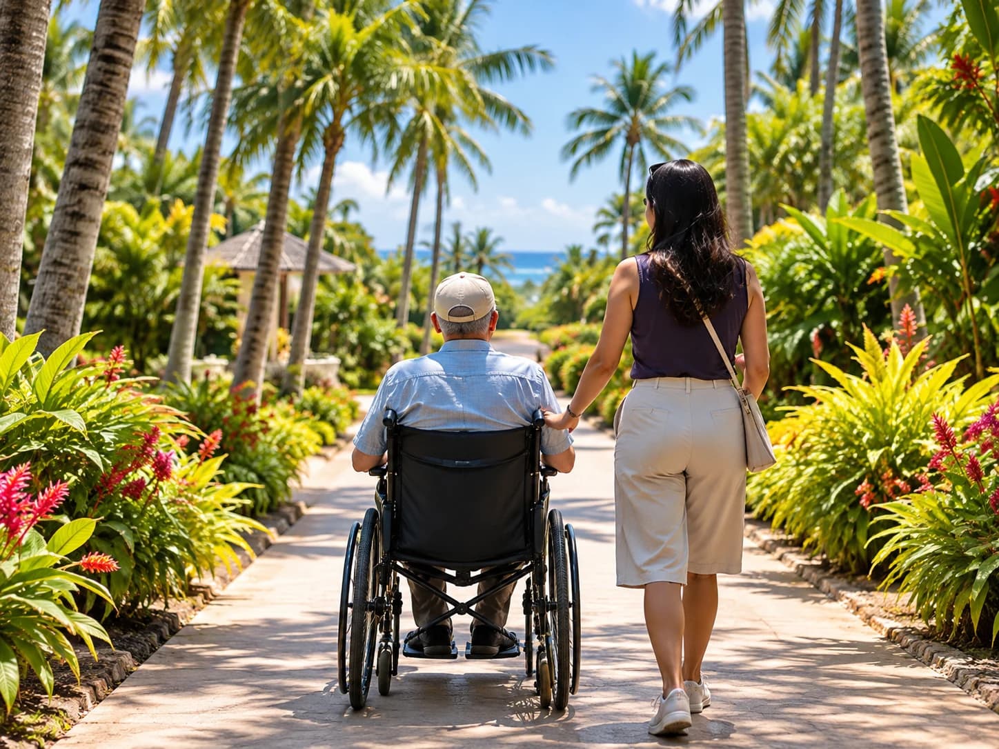 Person using a wheelchair on a wide, flat garden path with a companion walking alongside