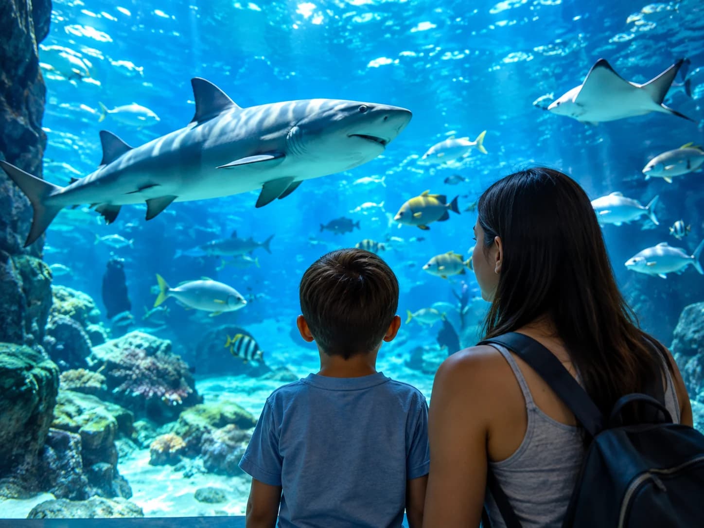 Adult and child looking through a large aquarium window at rays and fish