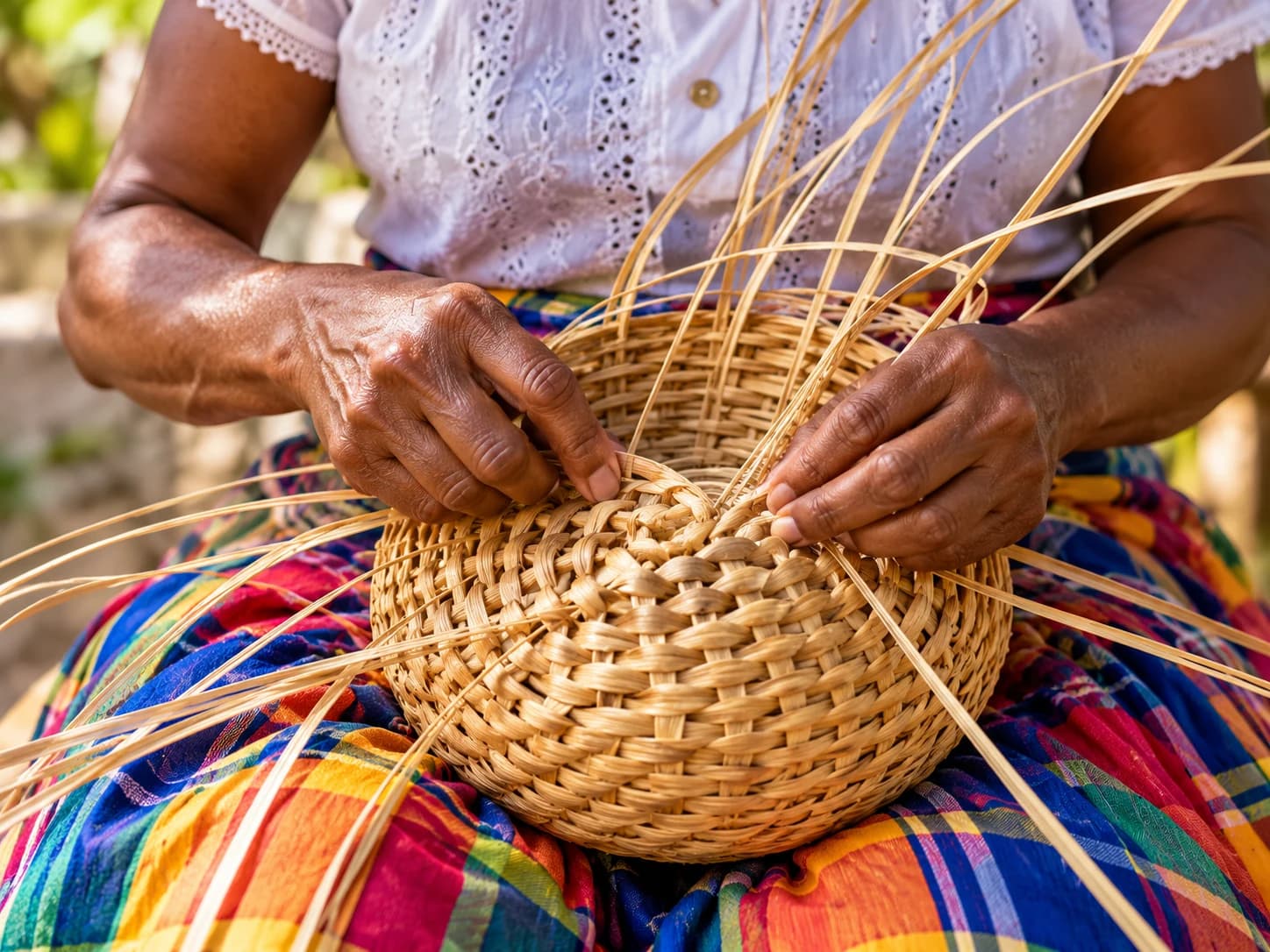 Close-up of hands weaving a natural straw basket