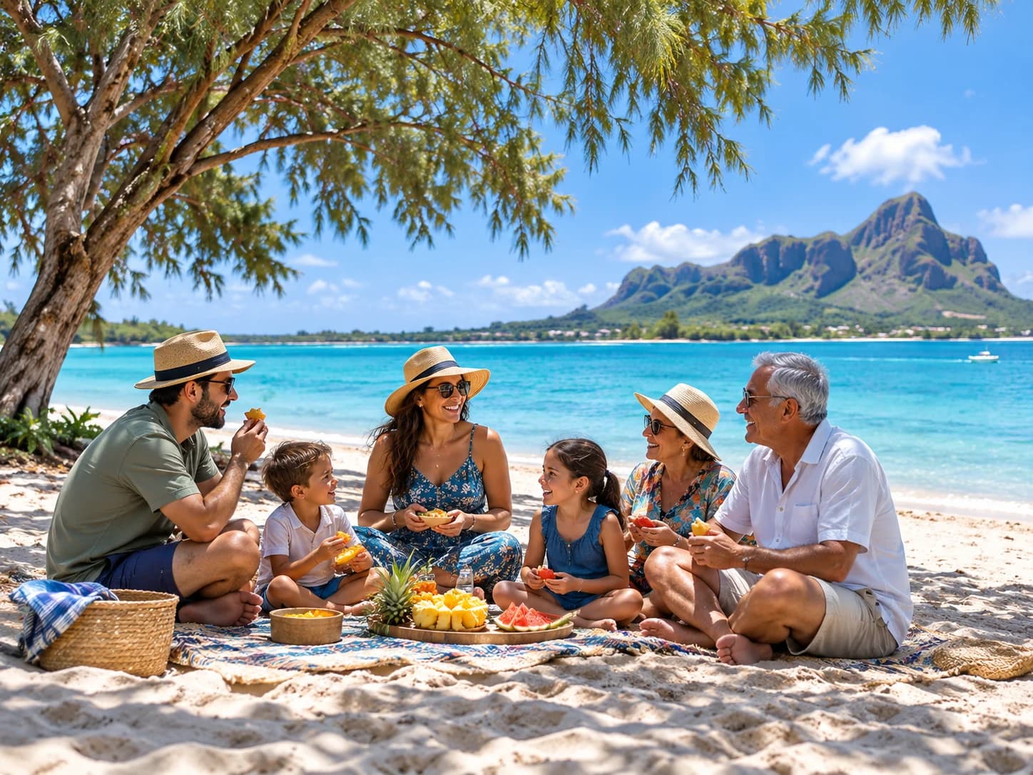 Family of several generations having a picnic in the shade on a beach