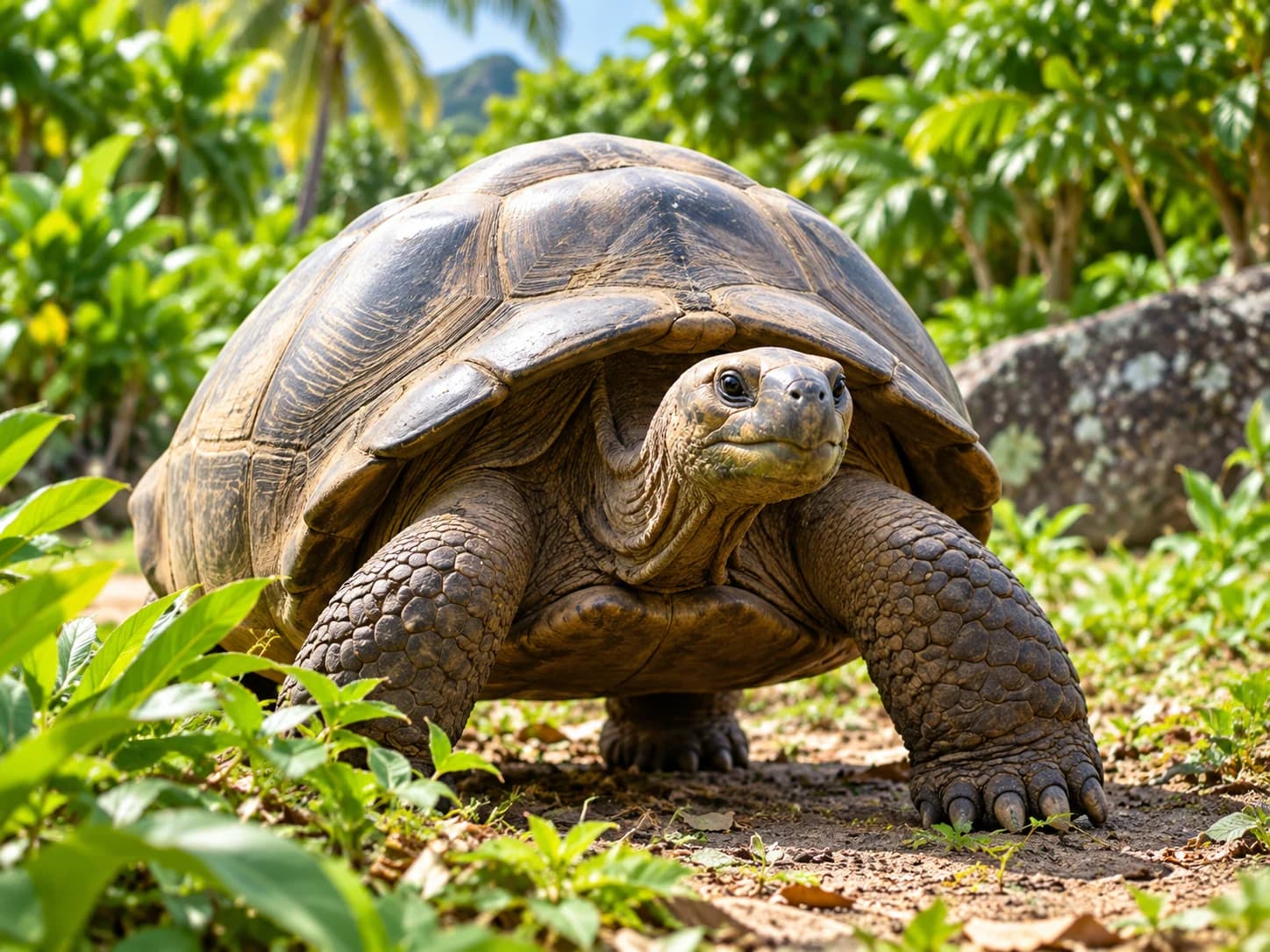 Giant tortoise walking among green plants