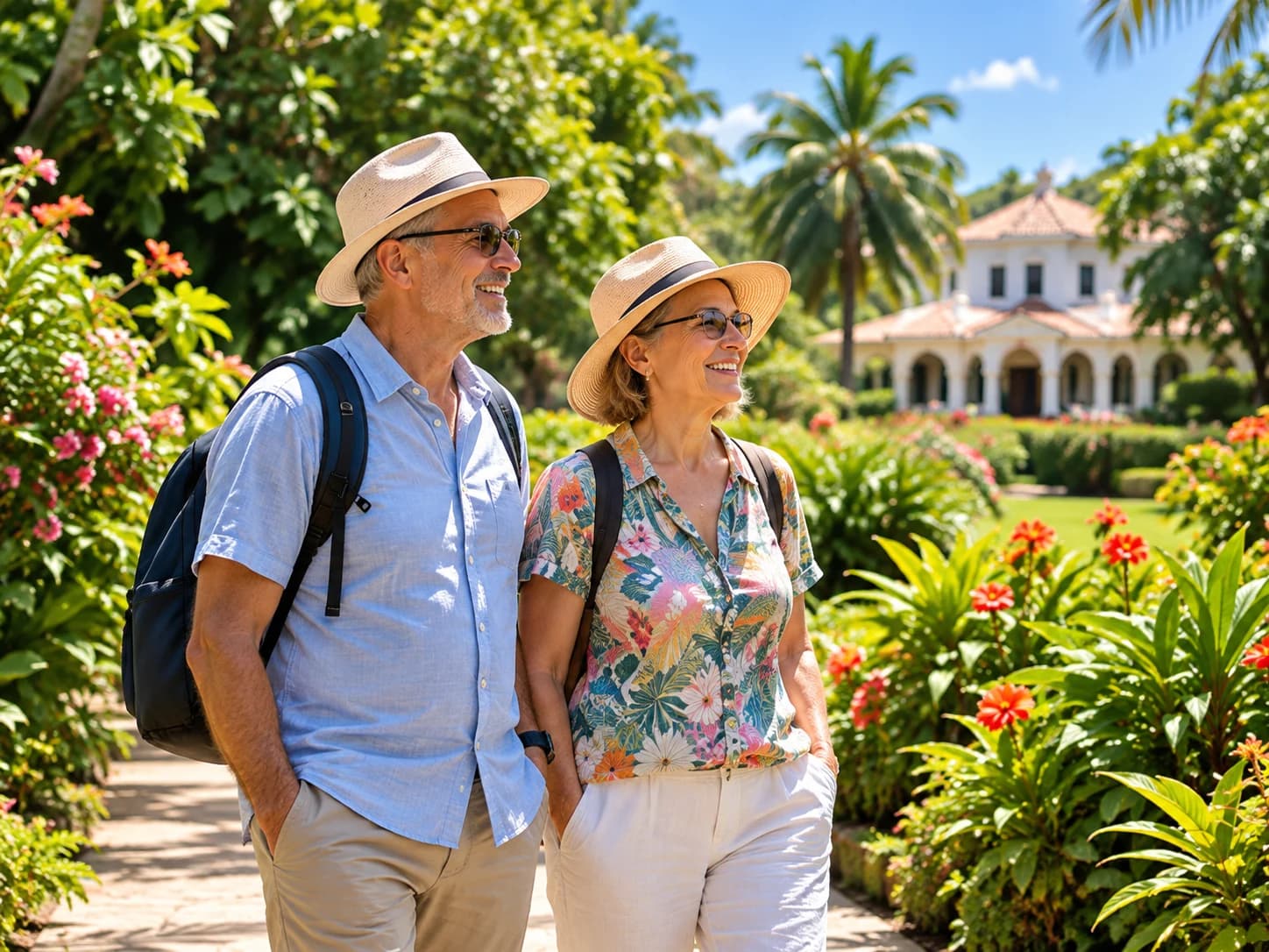 Smiling older couple in sun hats on a tropical garden path