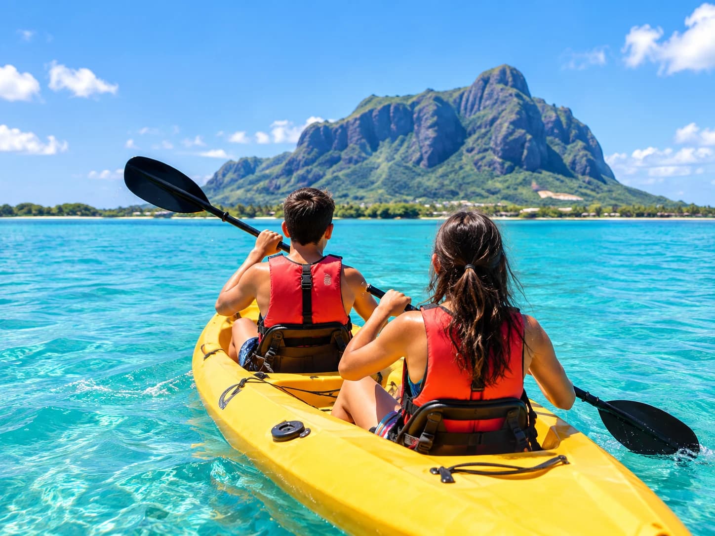 Two teenagers in buoyancy vests paddling a tandem kayak on a turquoise lagoon