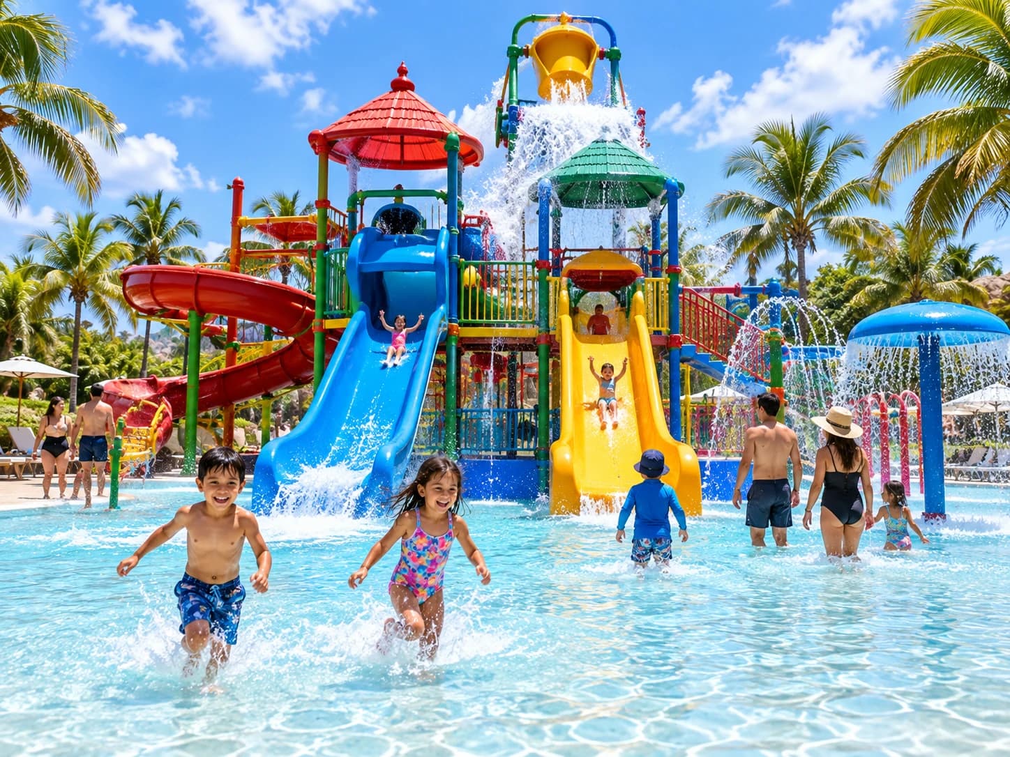 Colourful water slides and shallow splash pools at a family water park