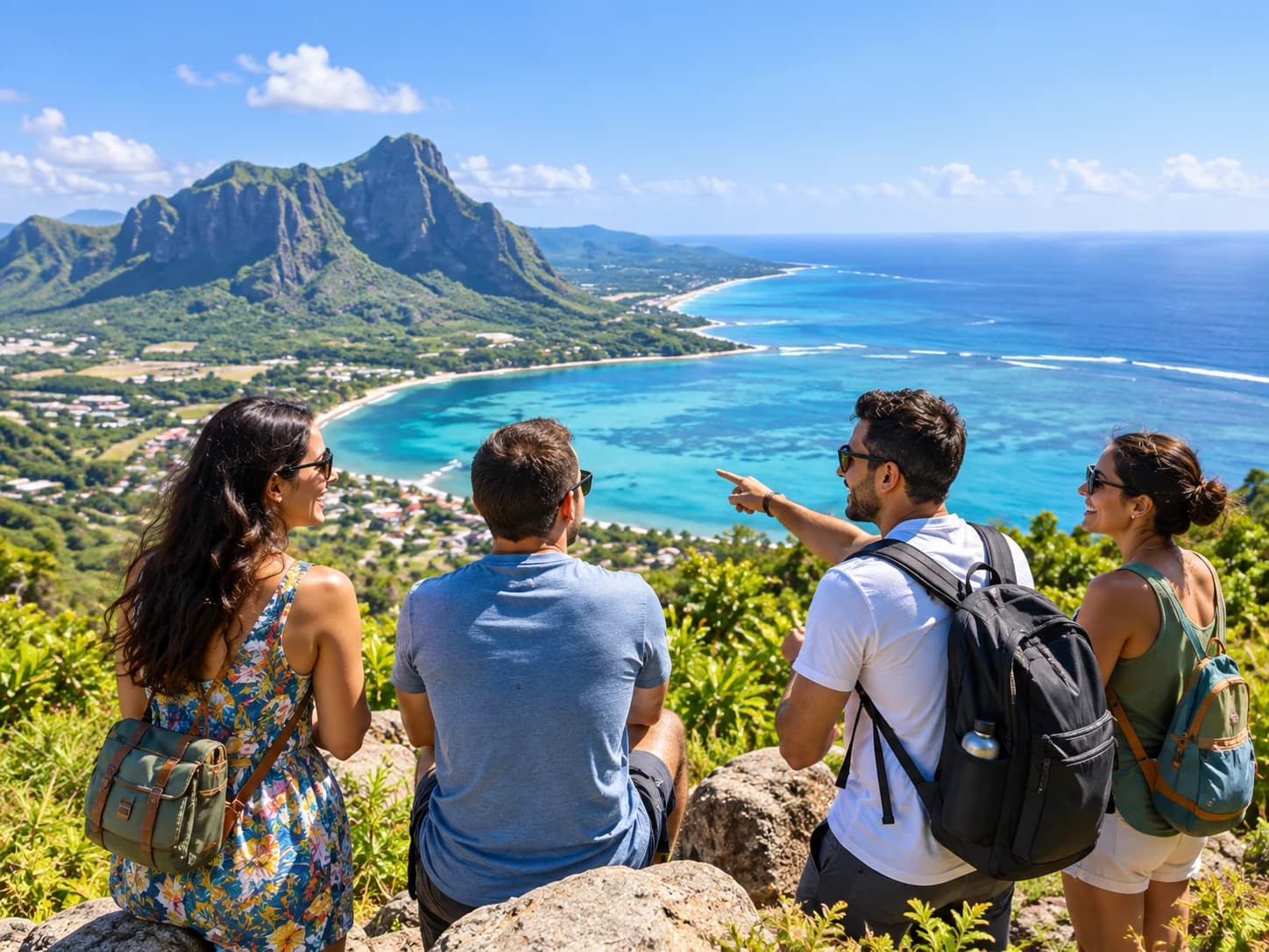 Group of friends with backpacks at a viewpoint above a lagoon and mountain