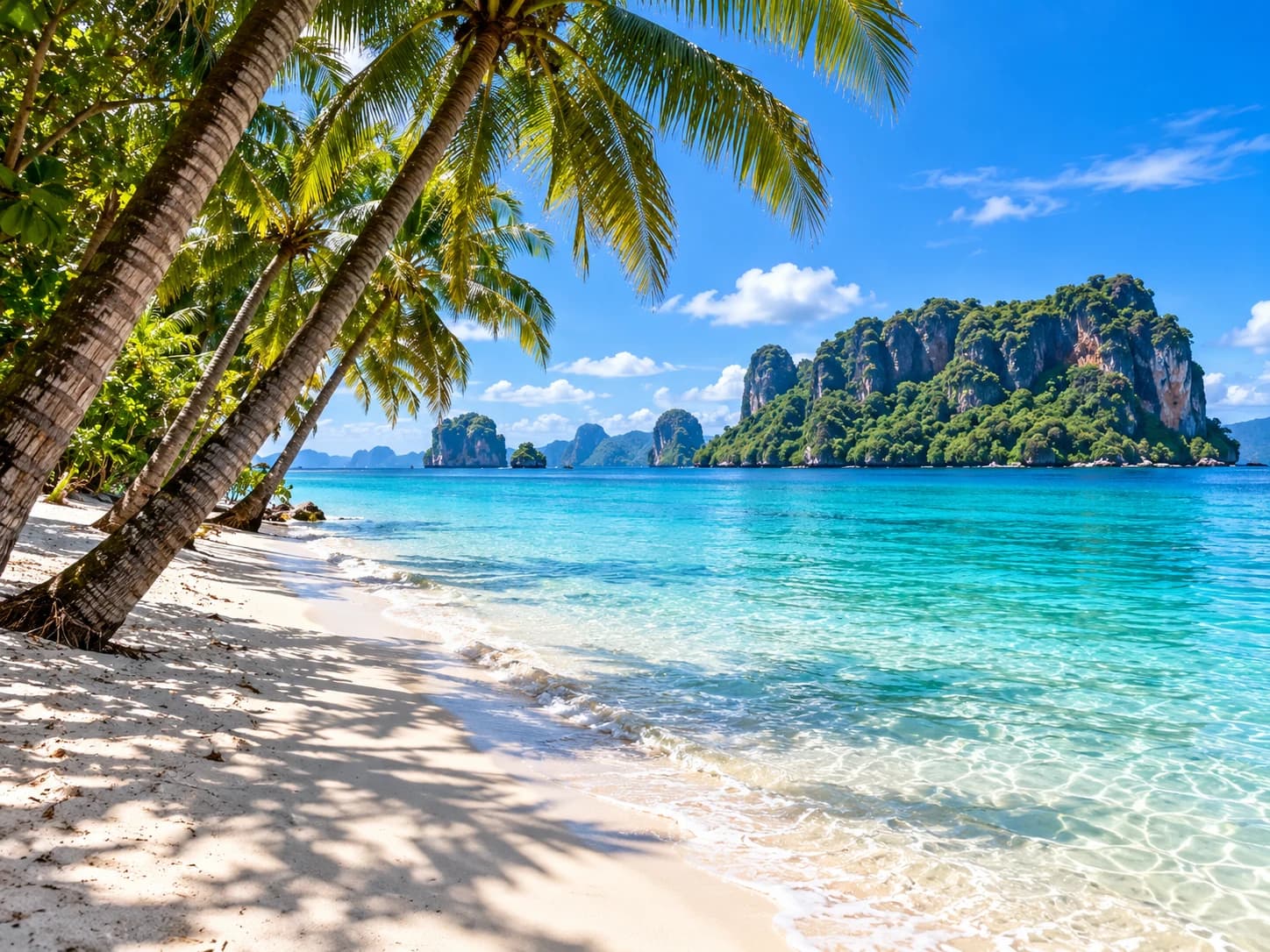 Palm-lined white-sand beach with limestone islands offshore