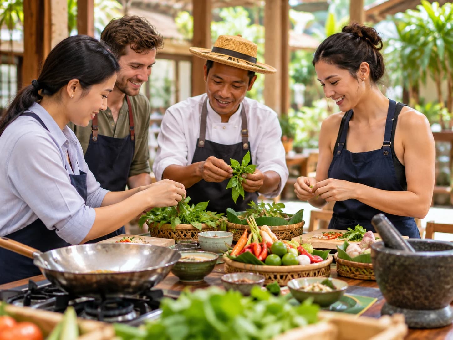 Small group preparing food with an instructor in a bright cooking school