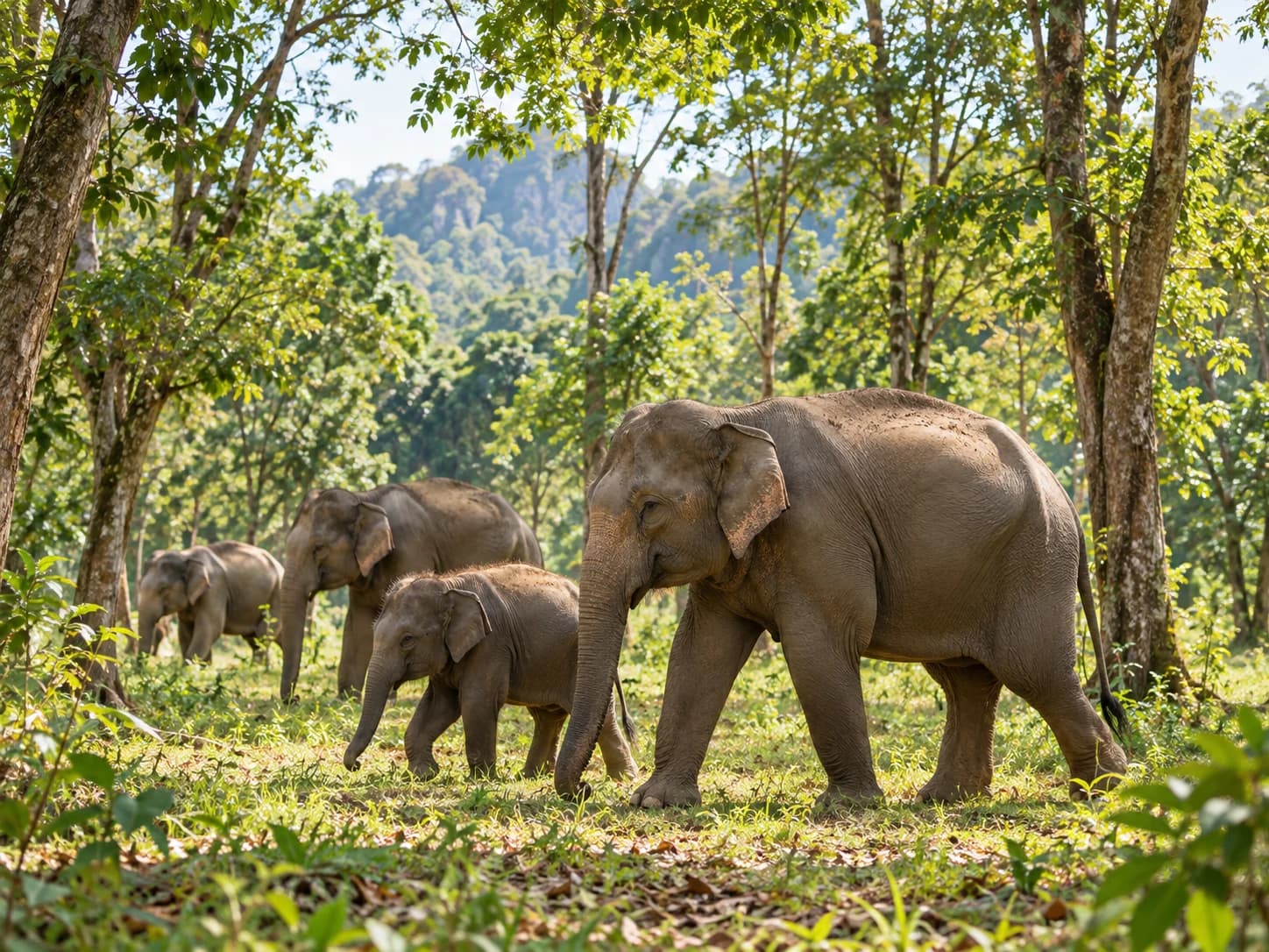 Small group of elephants walking through a green forest, seen from a distance