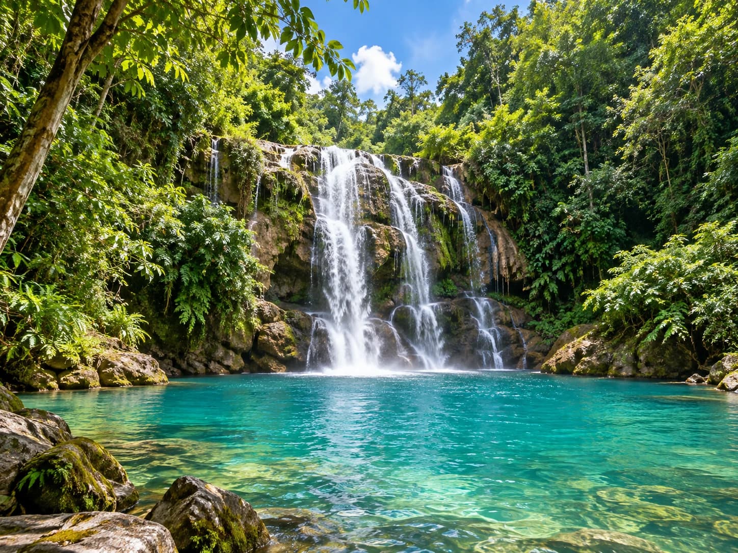 Wide waterfall falling into a turquoise pool in dense forest