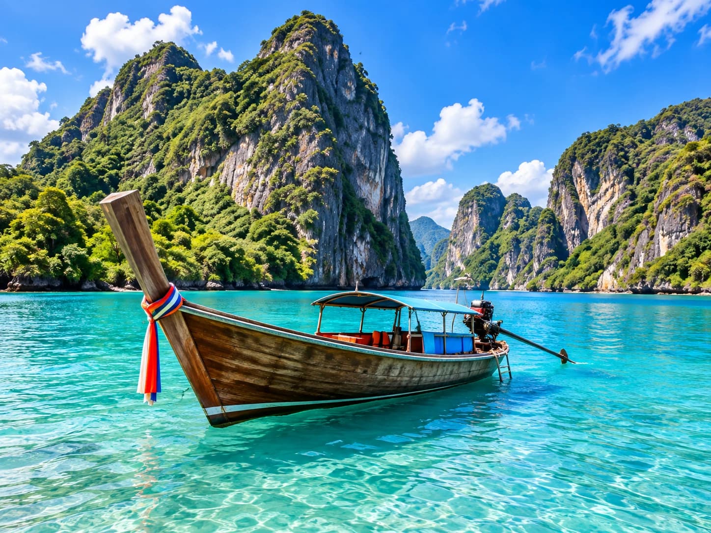 Wooden long-tail boat on turquoise water below limestone cliffs
