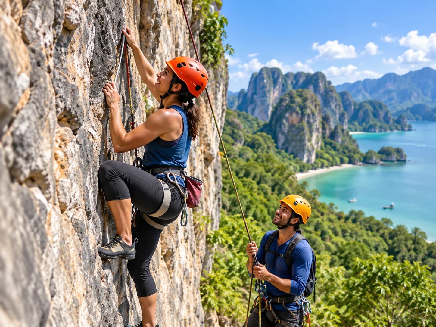 Climber in a helmet on a limestone rock face with an instructor below