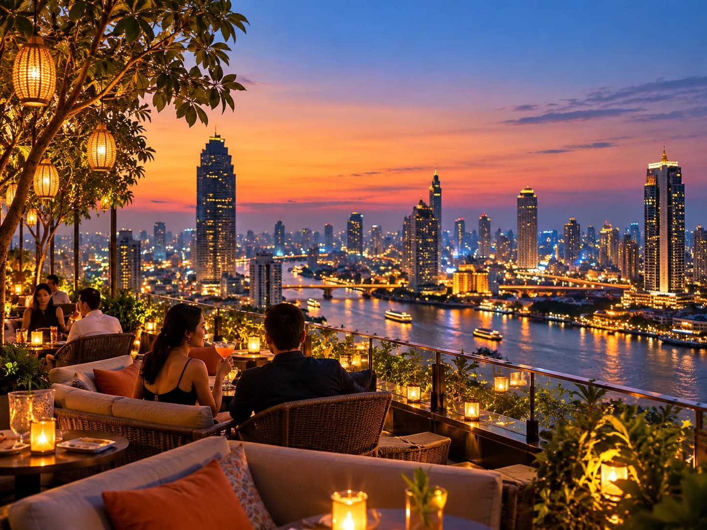 Rooftop lounge at dusk overlooking a glowing city skyline