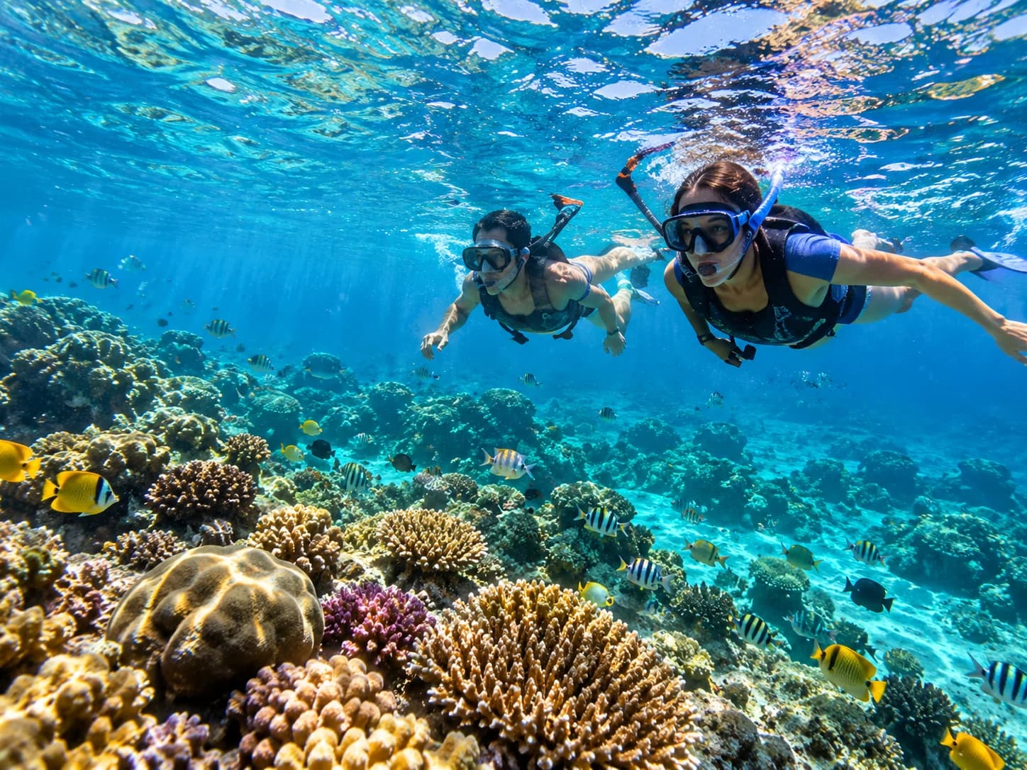 Two snorkellers in masks swimming above a colourful reef