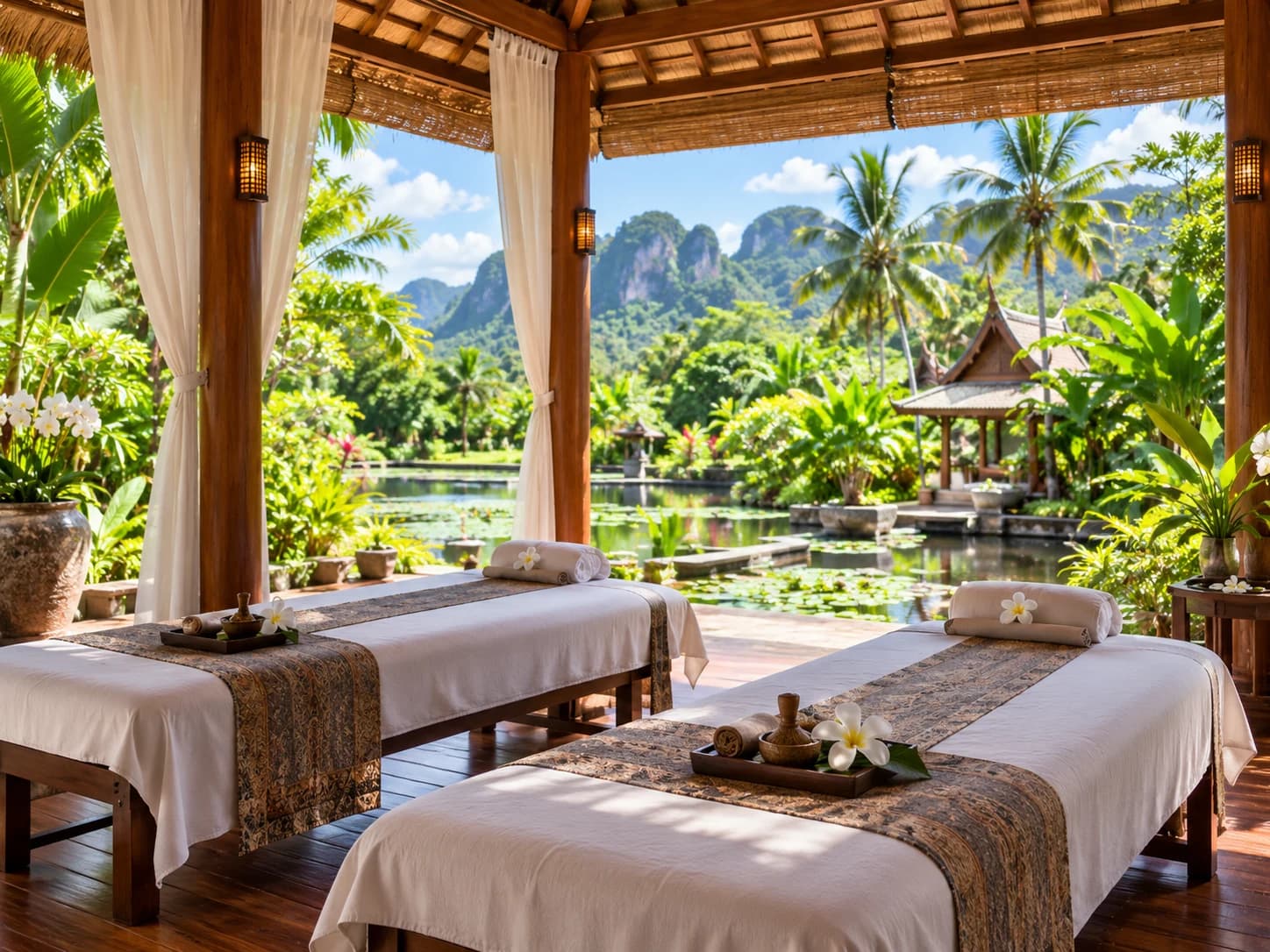 Calm spa pavilion with massage beds, open to a tropical garden