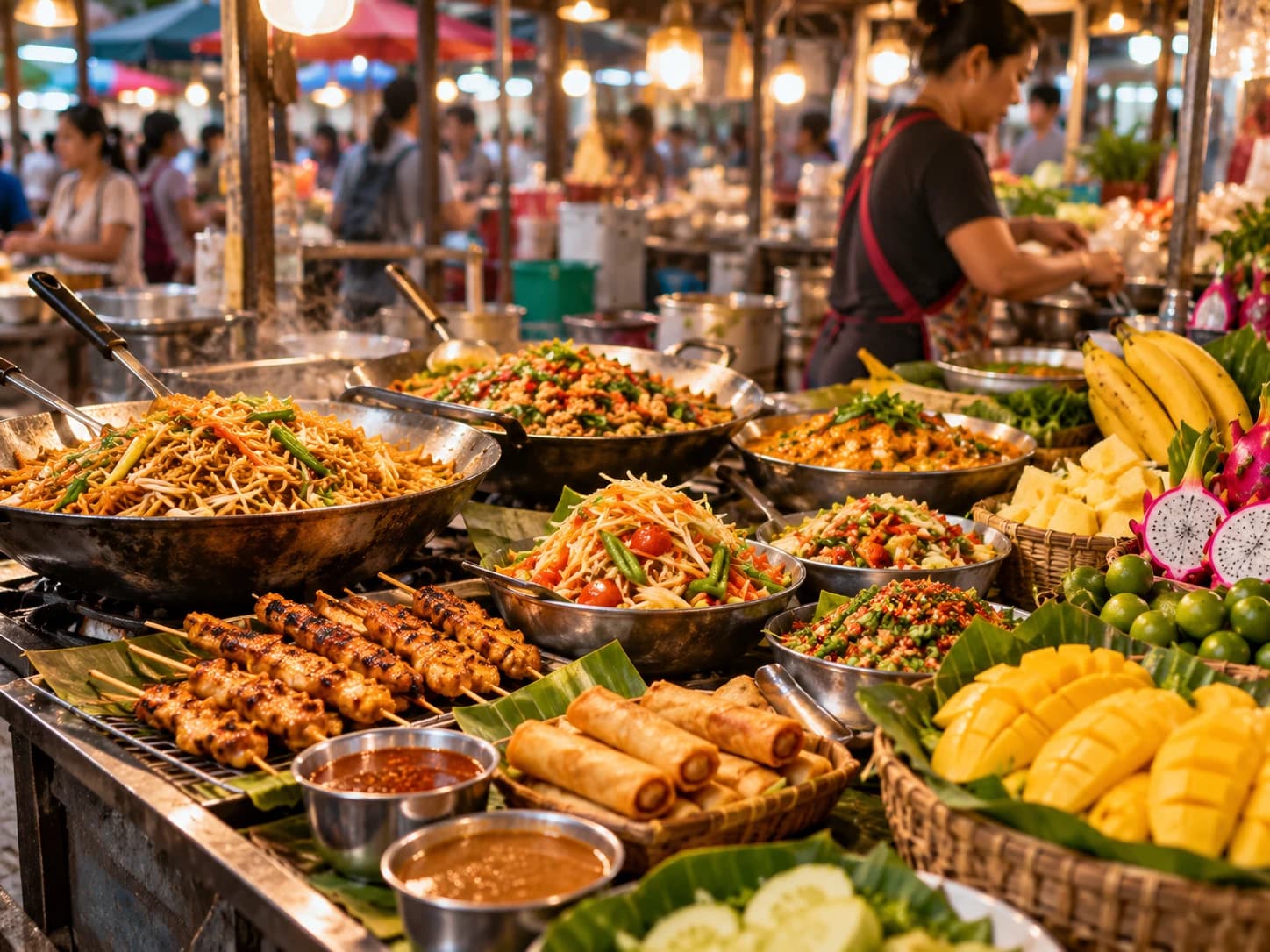 Street-food stall with small bowls, stir-fried dishes, skewers and fruit