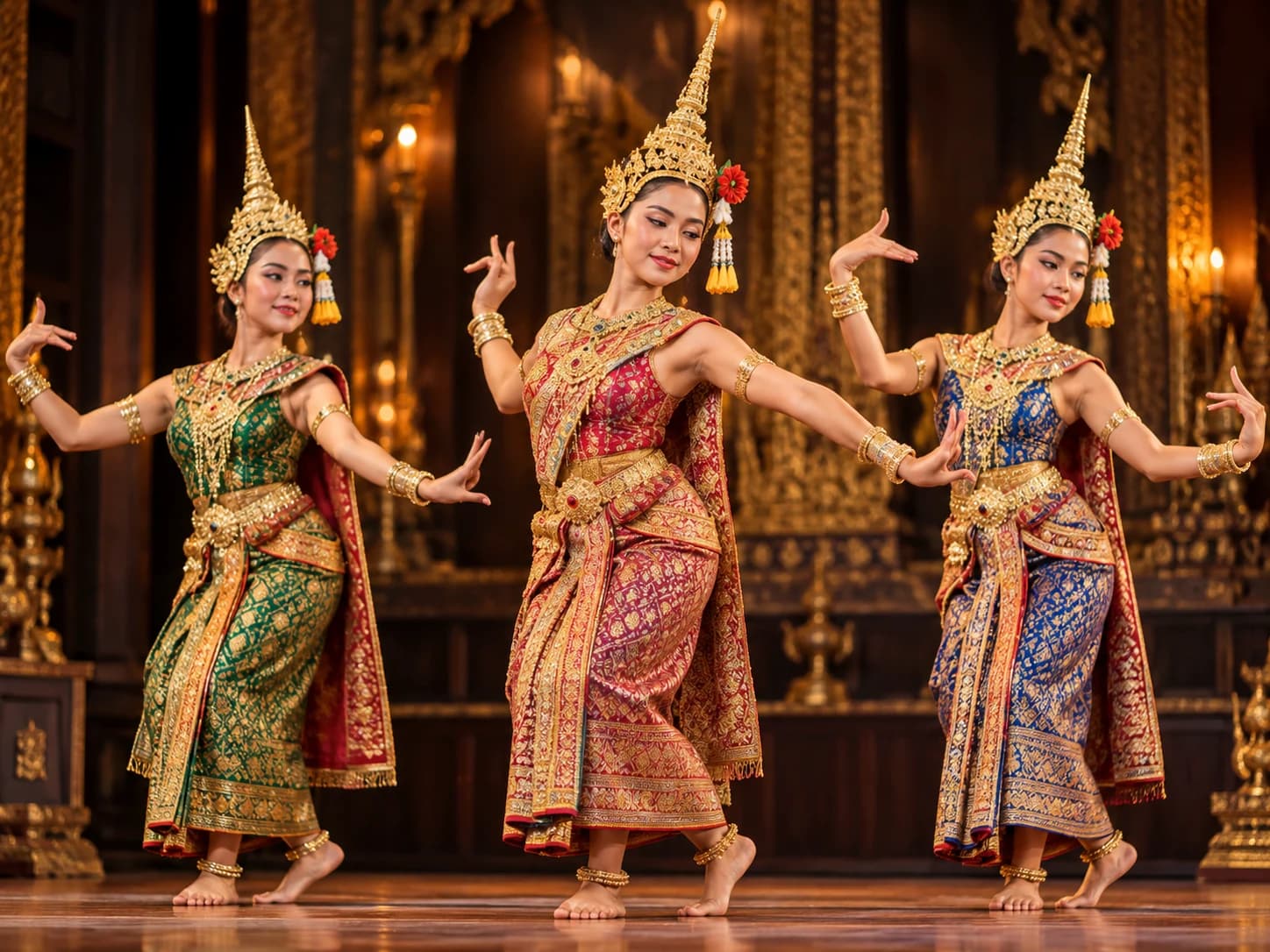 Thai classical dancers in silk costumes and gold crowns on a lit stage