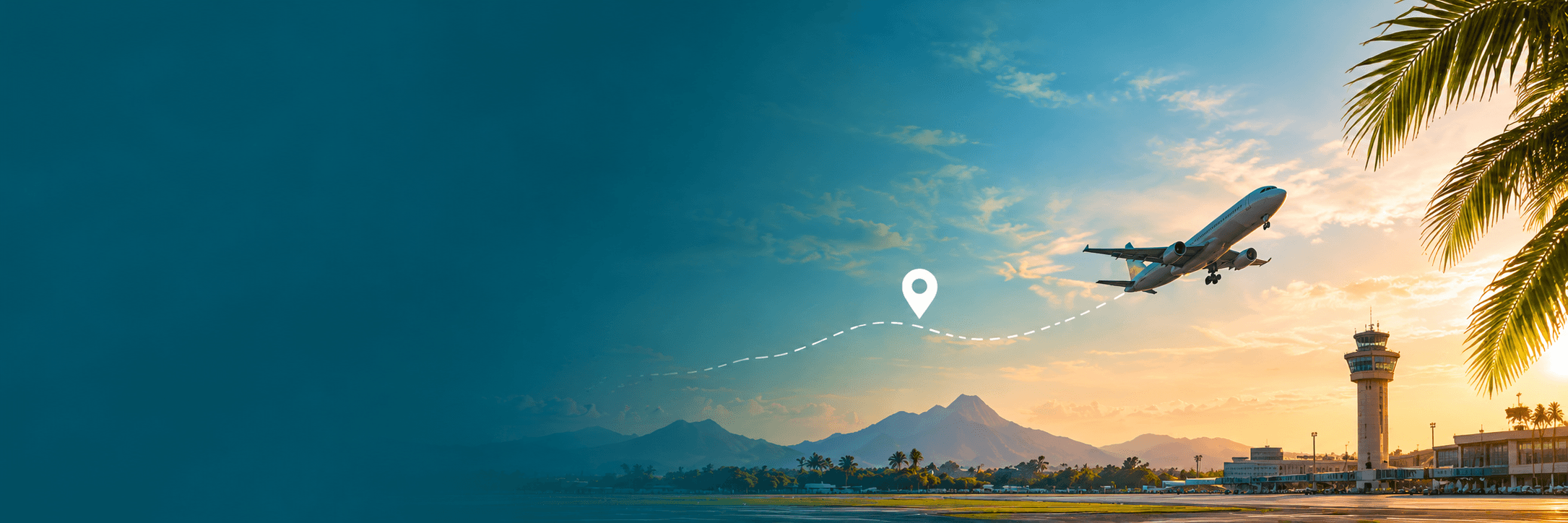 Plane taking off over mountains at sunset, with an airport control tower and palm fronds