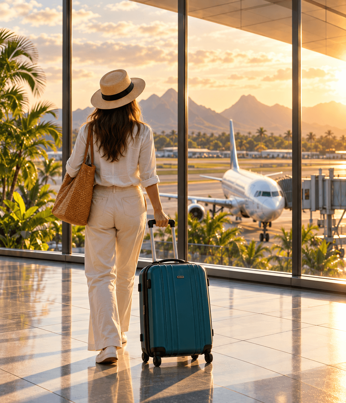 Traveller in a sun hat with a teal suitcase looking out through terminal windows at a parked plane