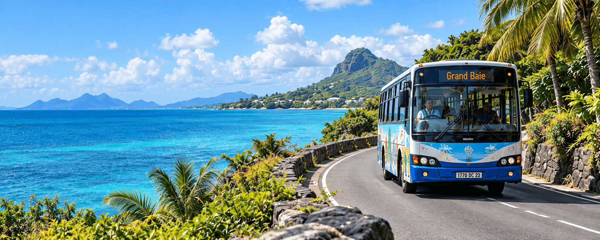 Blue and white bus on a winding coastal road beside a turquoise lagoon, with a mountain behind
