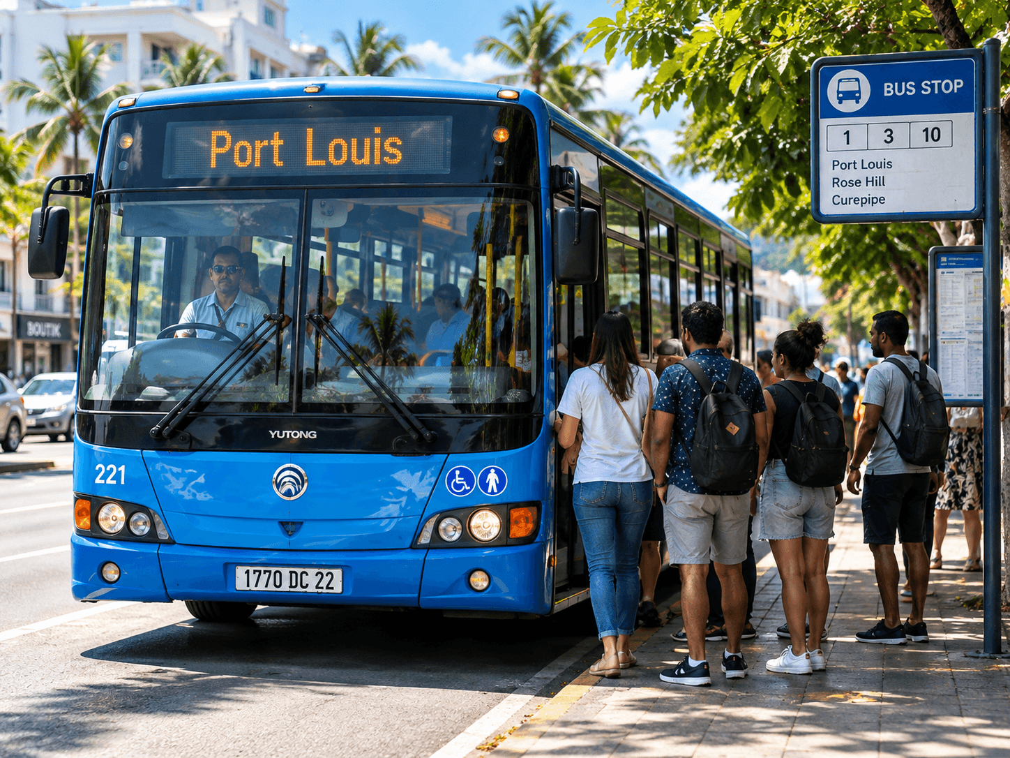 Passengers boarding a blue city bus at a bus stop