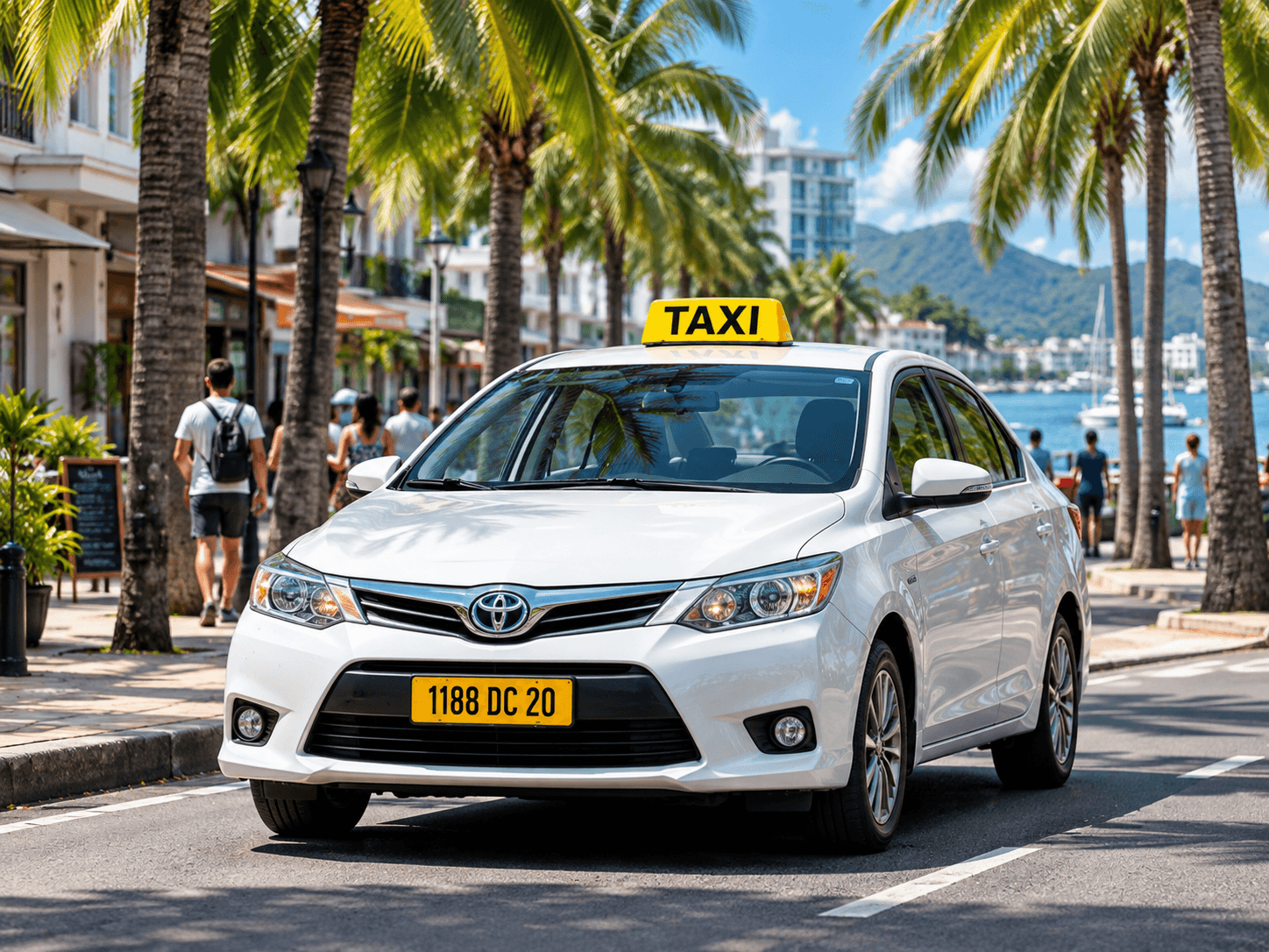 White taxi with a roof sign on a palm-lined street